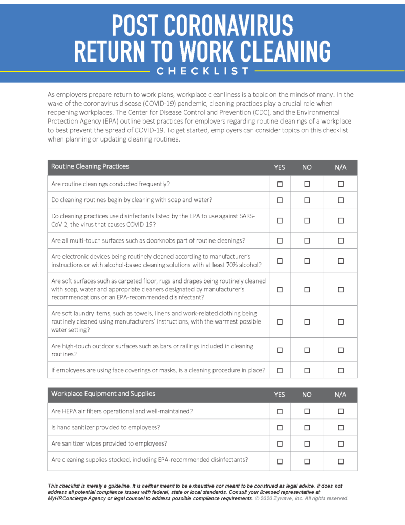 COVID-19 Resource: Checklist – Back to Work - MyHRConcierge