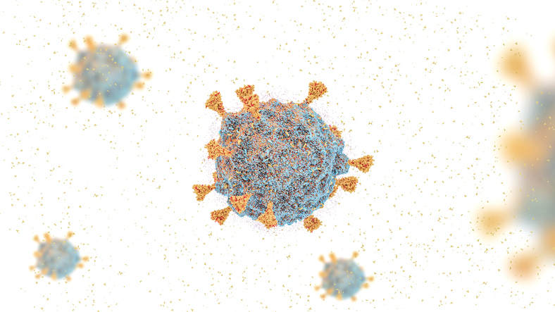 COVID-19 virus SARS-COV-2 OMICRON strain, covid-19 South African variant B.1.1.529 omicron 3d rendering