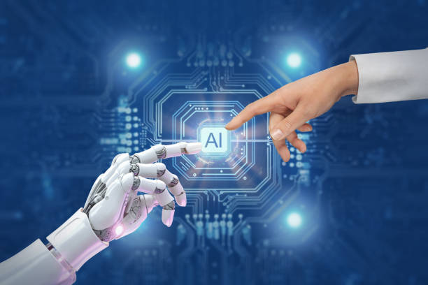 AI and humans touching fingers over word "AI"