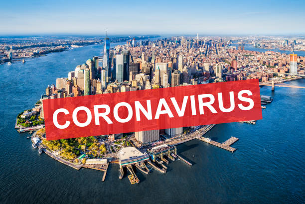 coronavirus alert alert over Aerial view of Lower Manhattan, New York