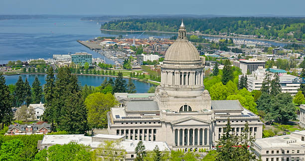 Drone shot looking at the Washington State Capitol Building in Olympia on a sunny day in spring.