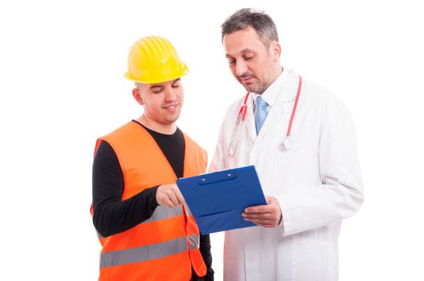 Doctor and constructor looking on blue clipboard isolated on white background
